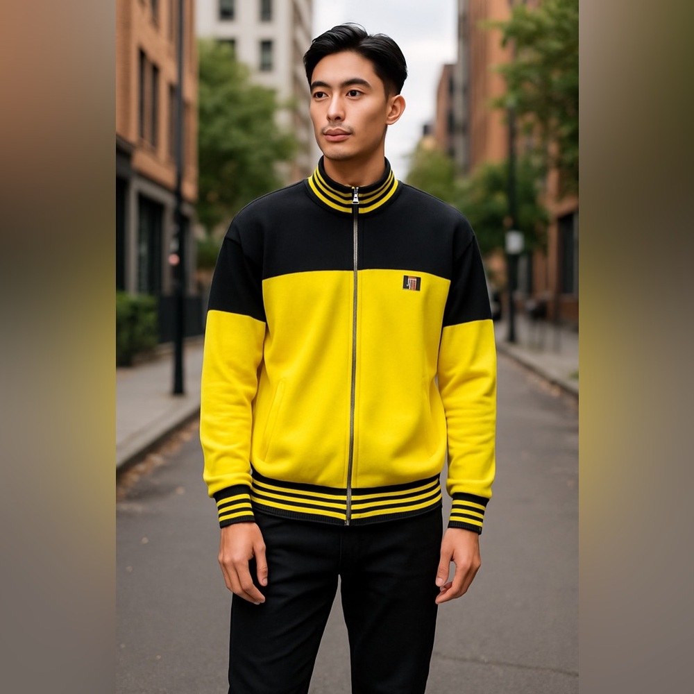 Men's Black and Yellow Zip-Up Sweater